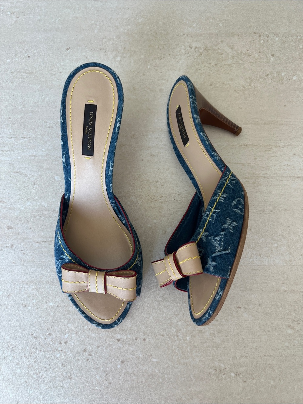 Louis Vuitton Denim Monogram Slide Mules with Beige Bow - Picture 2 of 8